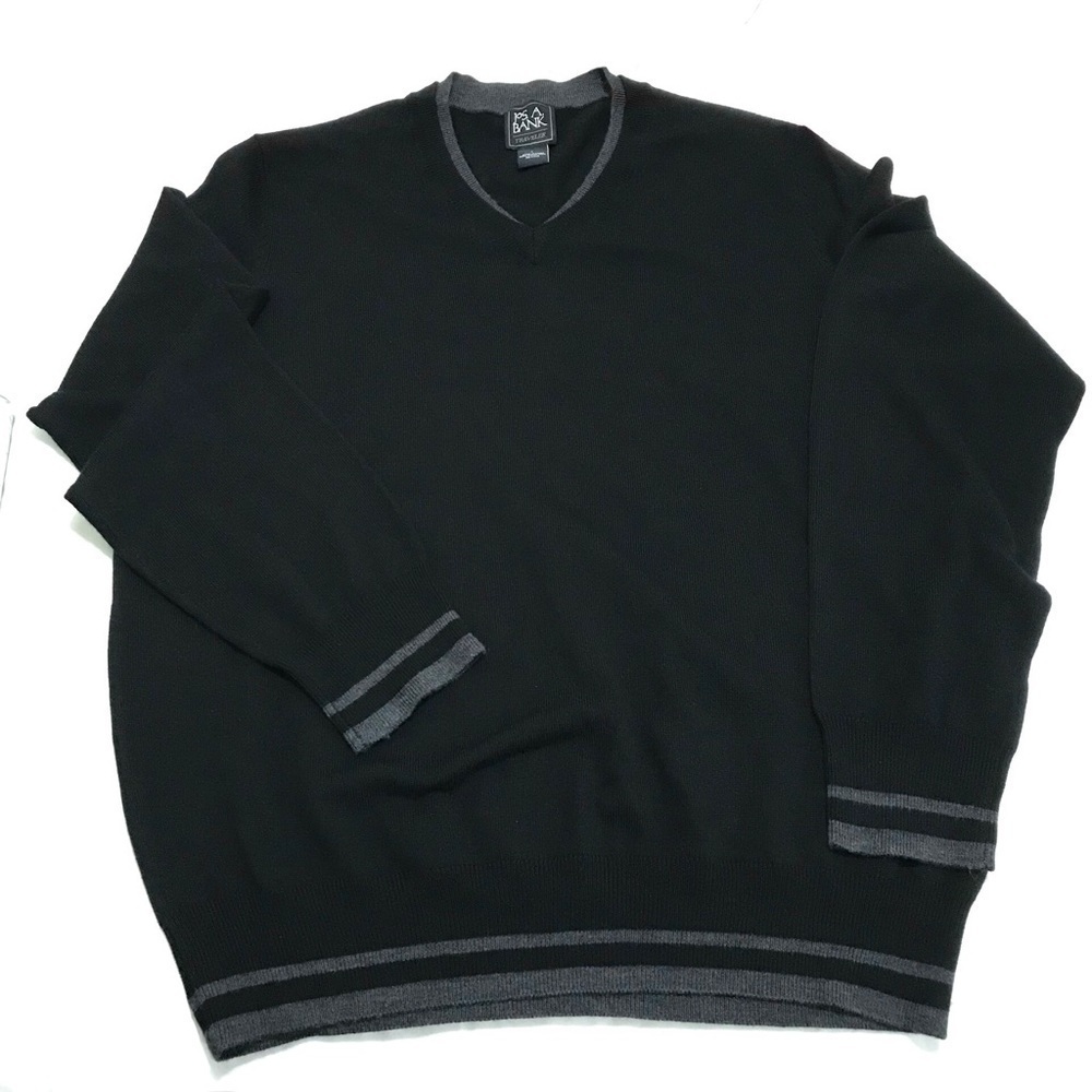Jos. A. Bank 100% Merino Wool Sweater Traveler V-neck Size Large Black Gray